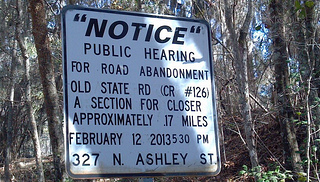Public Hearing sign on Old State Road