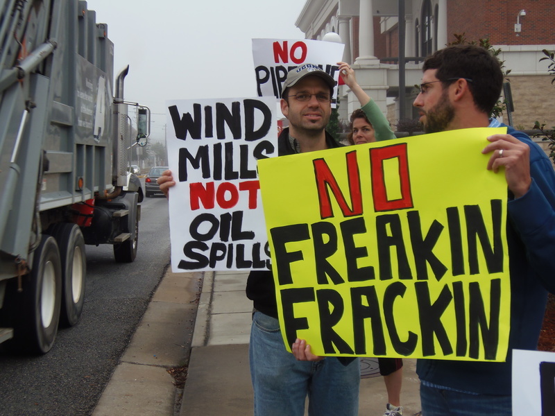 ADS truck, Tom Hoschchild, Karen Noll, Ben Vieth (No Freakin Frackin), in No pipeline no fracking: protest before Spectra at Lowndes County Commission, by Gretchen Quarterman, for Lowndes Area Knowledge Exchange (LAKE), 9 December 2013