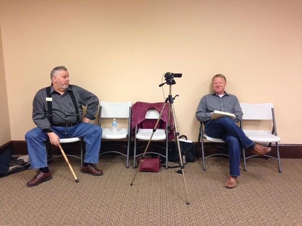 Candidates Jody Hall and Scott Orenstein next to the LAKE video camera, in Lcc retreat, by Gretchen Quarterman, for Lowndes Area Knowledge Exchange (LAKE), 27 February 2014