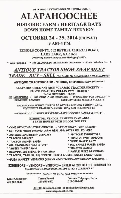 Flyer, in Alapahoochee Antique Tractor Show & Historic Farm Heritage Days, by Lake Park Chamber of Commerce, 24 October 2014