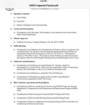 300x352 Page 1, in Agenda, Valdosta City Council, by John S. Quarterman, 9 December 2014
