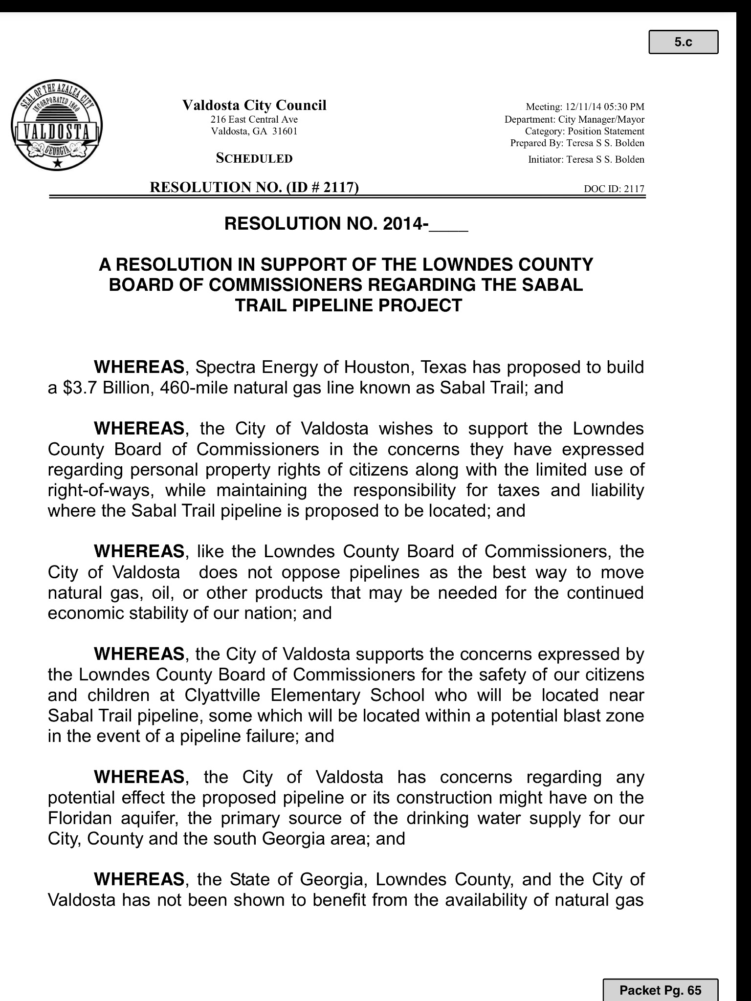 1536x2048 Whereas, in Valdosta Draft Resolution Against Sabal Trail Pipeline, by Valdosta City Council, 10 December 2014