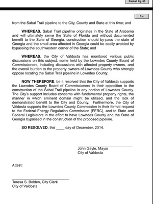 300x400 So Resolved, in Valdosta Draft Resolution Against Sabal Trail Pipeline, by Valdosta City Council, 10 December 2014