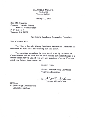 300x413 Cover letter, in Report of the Historic Courthouse Committee, by H. Arthur McLane, 12 January 2015