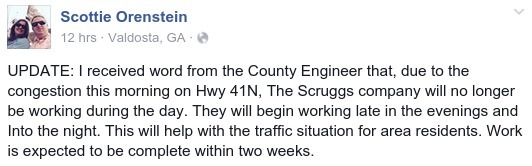 532x166 I received word from the County Engineer that..., in US 41N congested; Scruggs Co. no longer working during day, by Scottie Orenstein, 12 August 2015