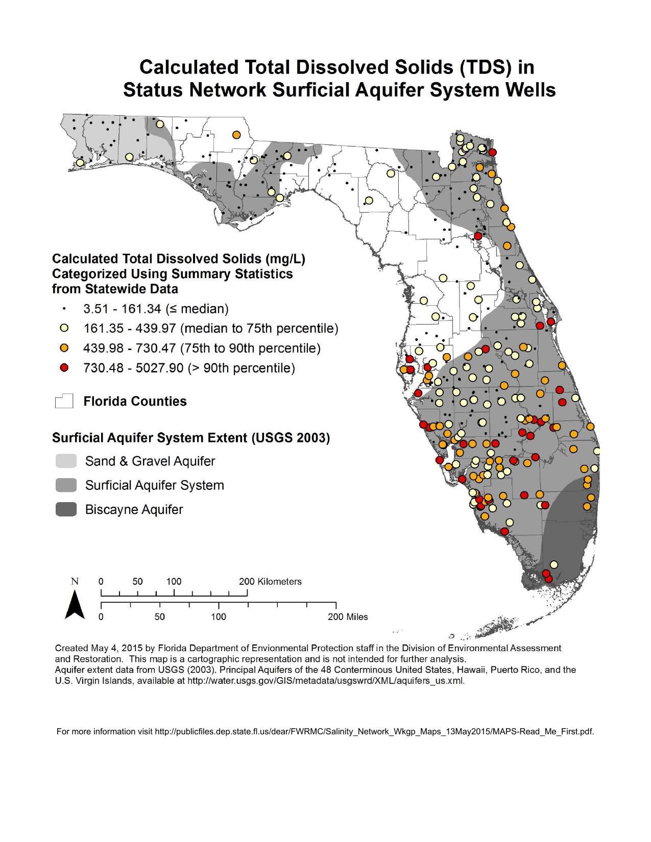 1275x1650 Calculated Total Dissolved Solids (TDS) in Status Network Surficial Aquifer System Wells, in Florida Well Salinity Study, by FL-DEP, 13 July 2015