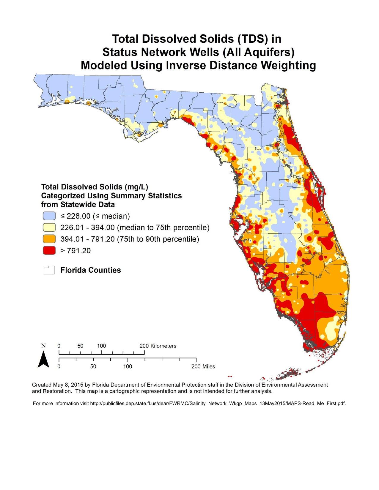 1275x1650 Total Dissolved Solids (TDS) in Status Network Wells (All Aquifers) Modeled Using Inverse Distance Weighting, in Florida Well Salinity Study, by FL-DEP, 13 July 2015
