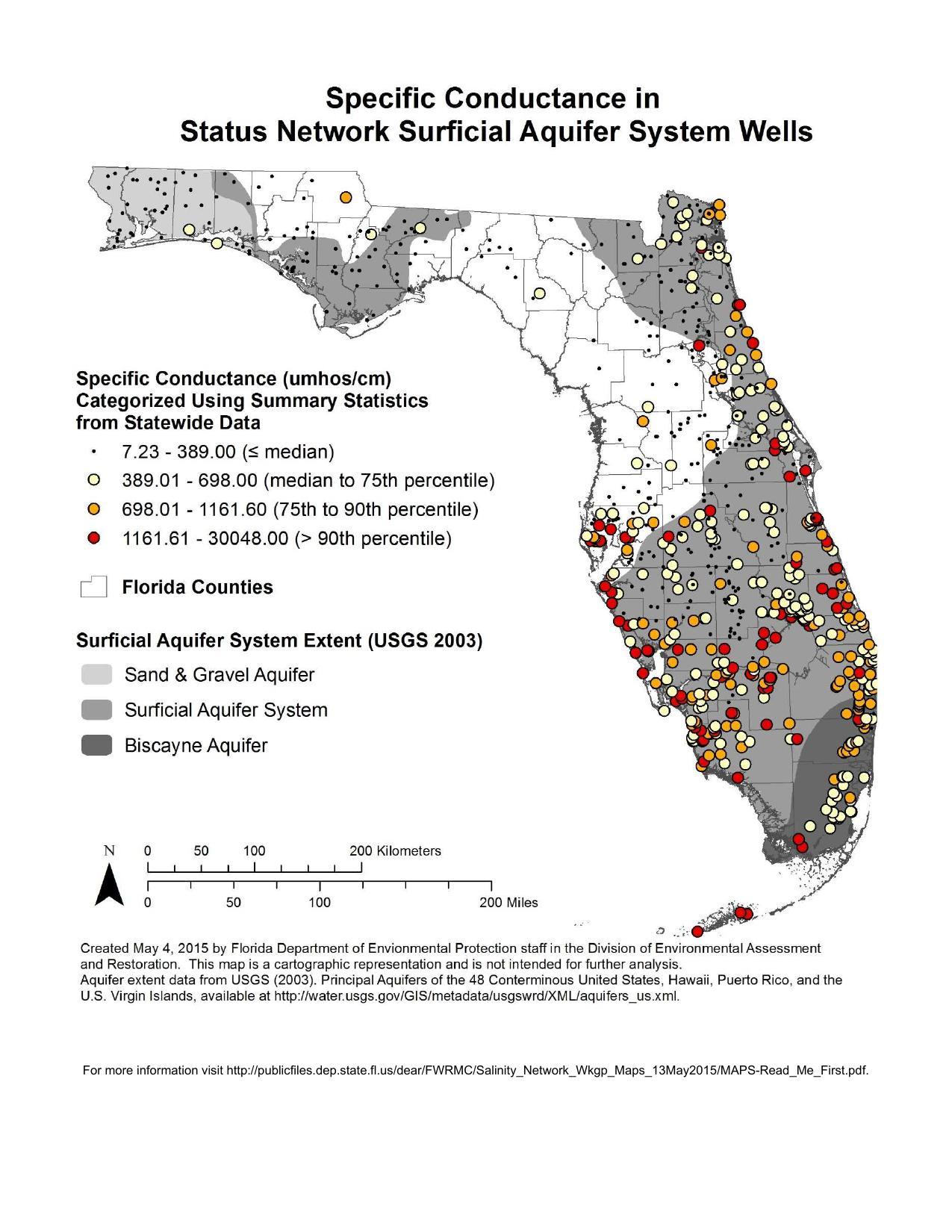1275x1650 Specific Conductance in Status Network Surficial Aquifer System Wells, in Florida Well Salinity Study, by FL-DEP, 13 July 2015