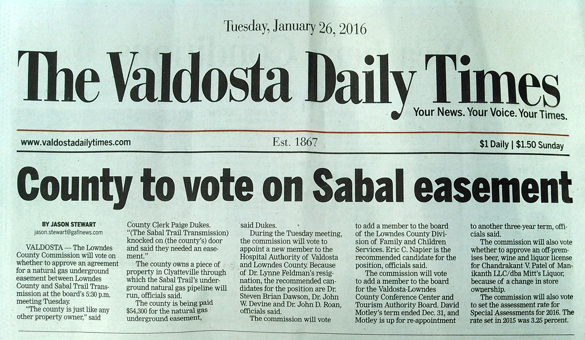 2031x1182 Page A1, in County to vote on Sabal easement, by Jason Stewart, 26 January 2016
