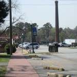 View looking towards the cotton mill smoke stack