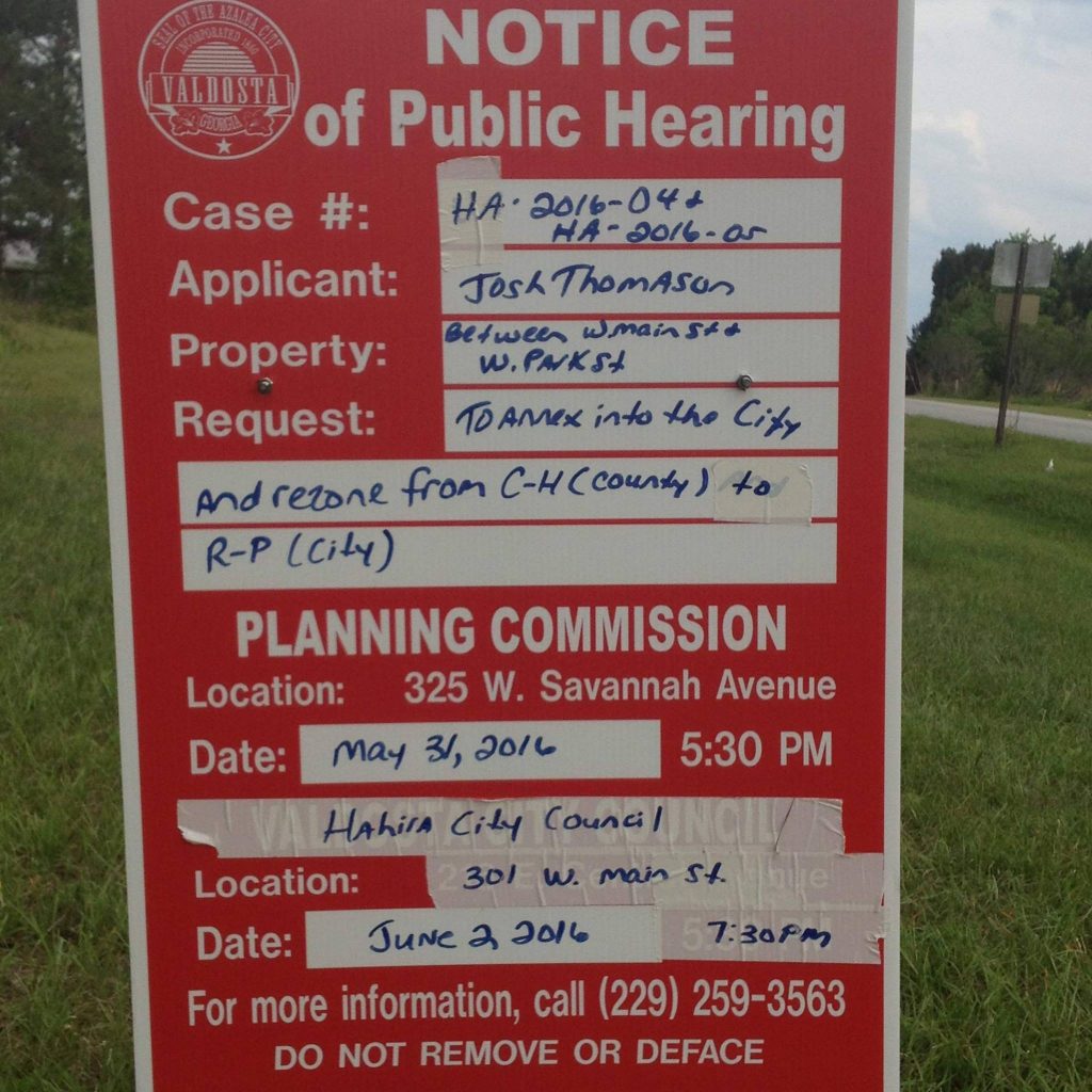 2048x2048 Notice of Public Hearing Sign, thanks to Barbara Stratton, in Rezoning and annexation in Hahira, by John S. Quarterman, 31 May 2016