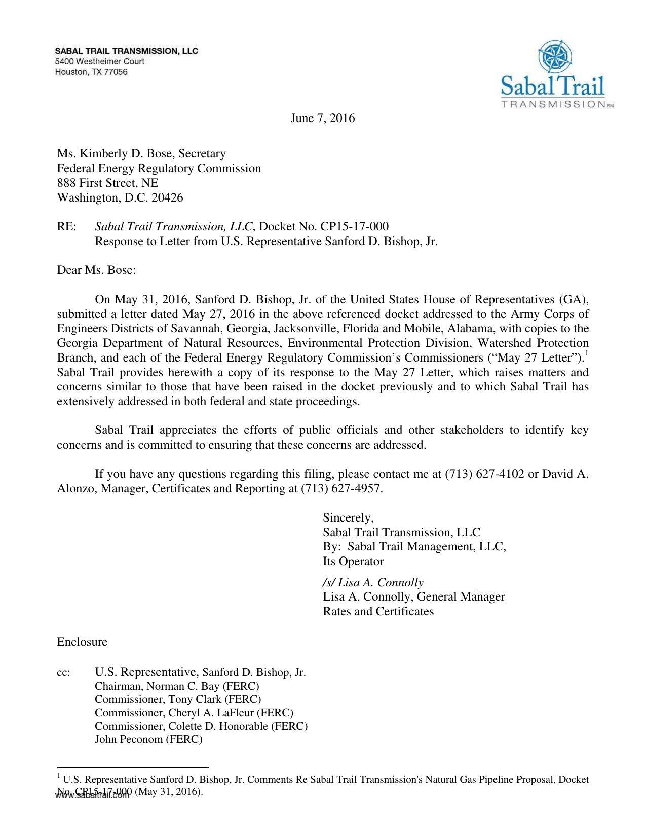 1275x1651 Cover letter, in Response to Letter from U.S. Representative Sanford D. Bishop, Jr., by Sabal Trail, 7 June 2016