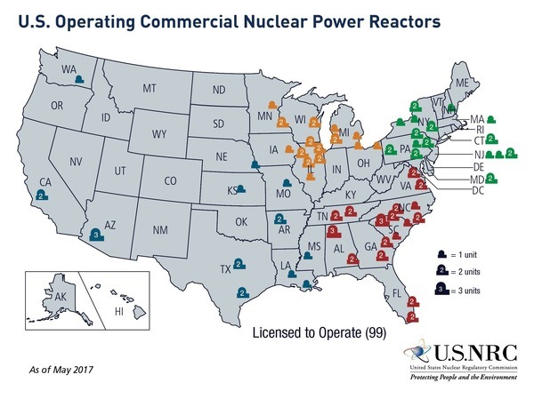 U.S. Operating Commercial Nuclear Power Reactors, Map