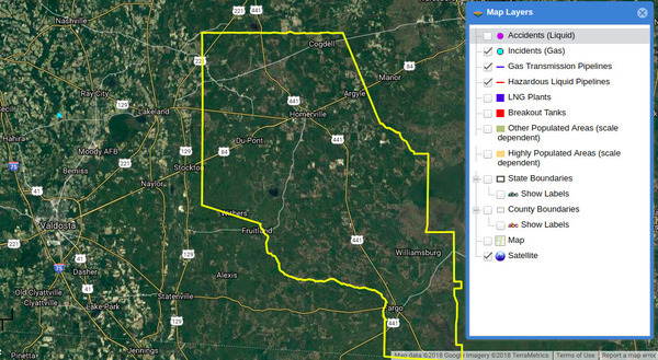 PHMSA shows no pipeline to Homerville, Map