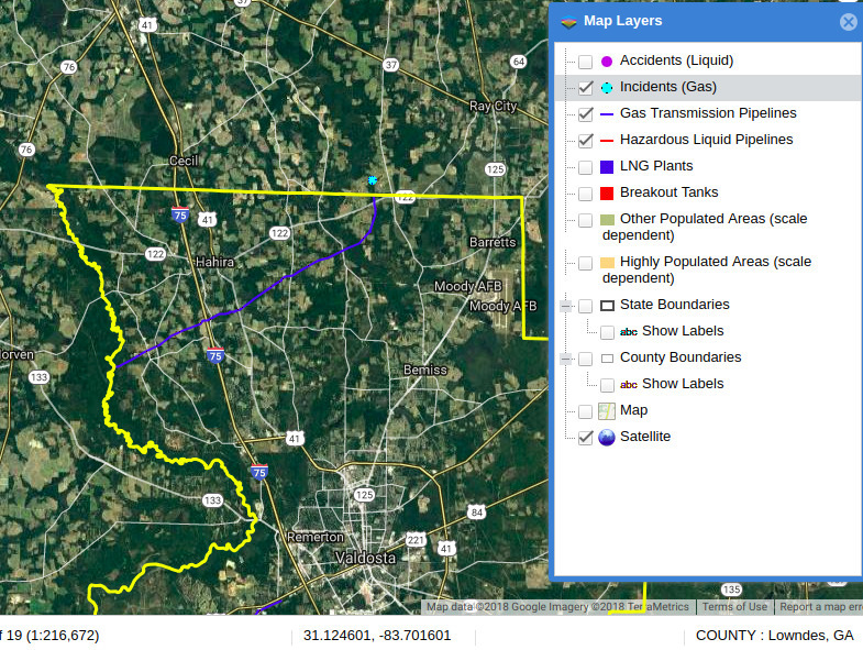 785x591 SONAT Lowndes, Map, in Homerville, GA pipeline explosion, by John S. Quarterman, 17 August 2018