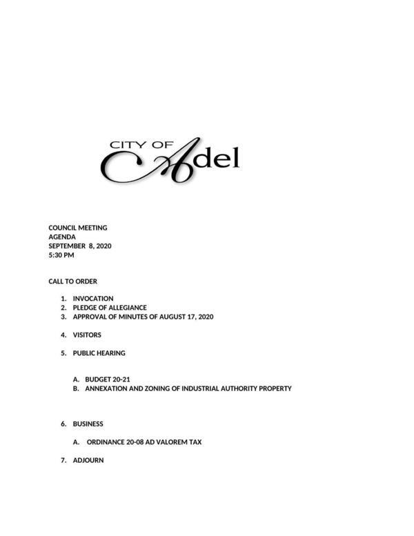 [Agenda, Adel City Council 2020-09-08]