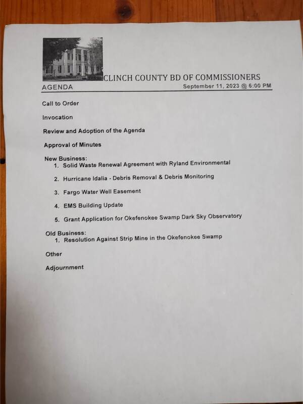 Agenda, Clinch County Board of Commissioners, 2023-09-11