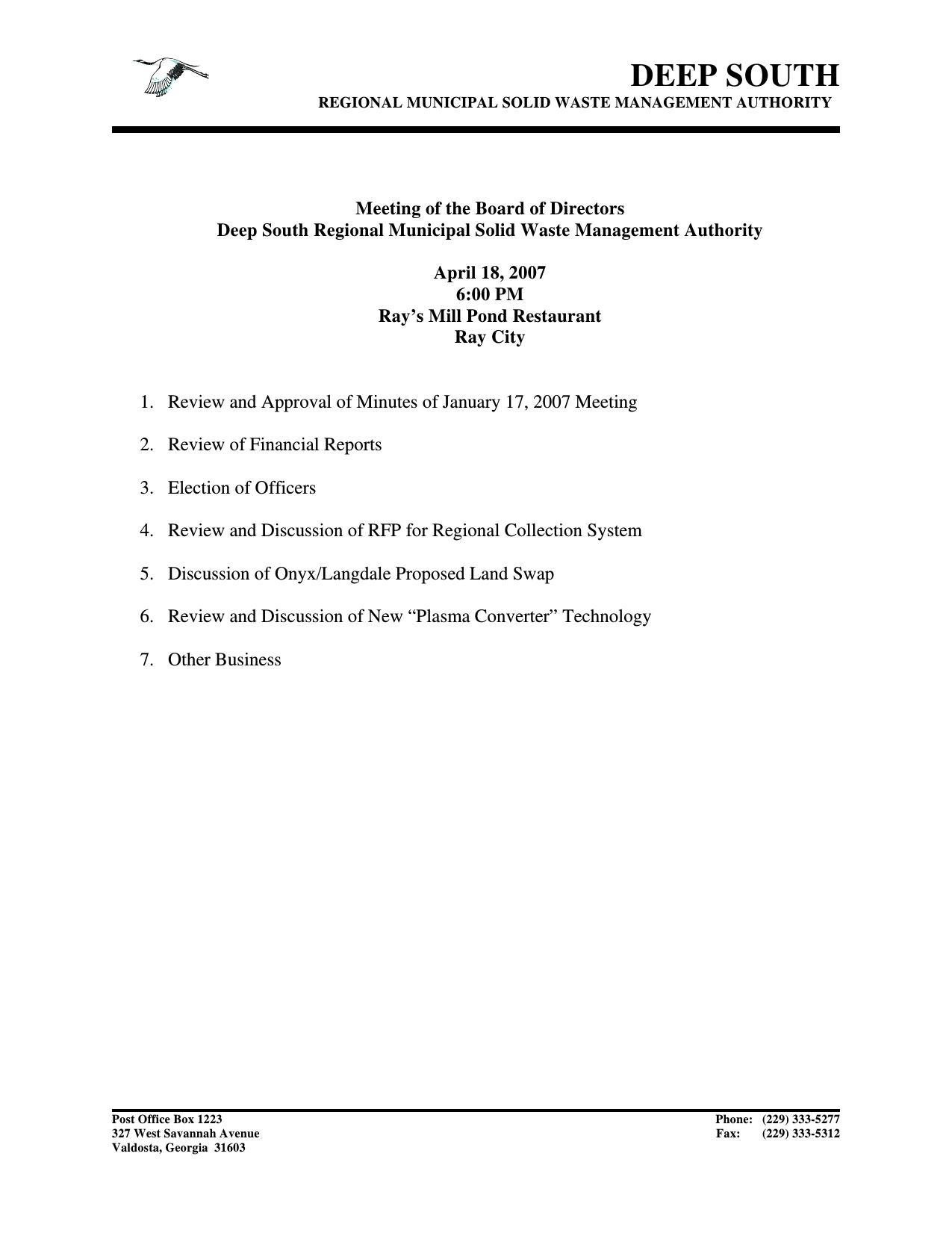 April 18, 2007 Agenda