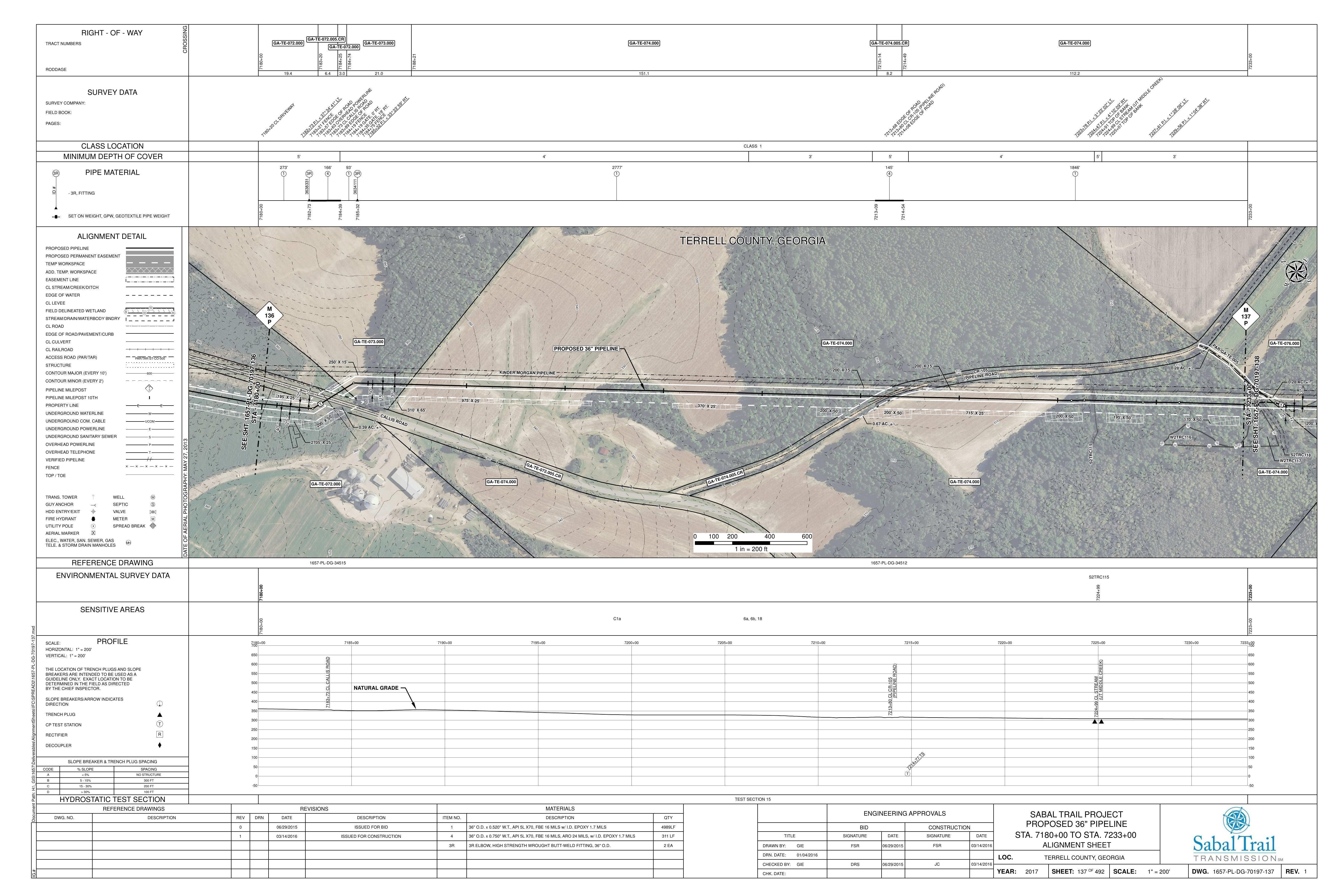 1657-PL-DG-70197-137, STA. 7180+00 TO STA. 7233+00, MP 136, MP 137, KINDER MORGAN PIPELINE, (UT MIDDLE CREEK), (PIPELINE ROAD), 7183+73 CL CALLIS ROAD, TERRELL COUNTY, GEORGIA