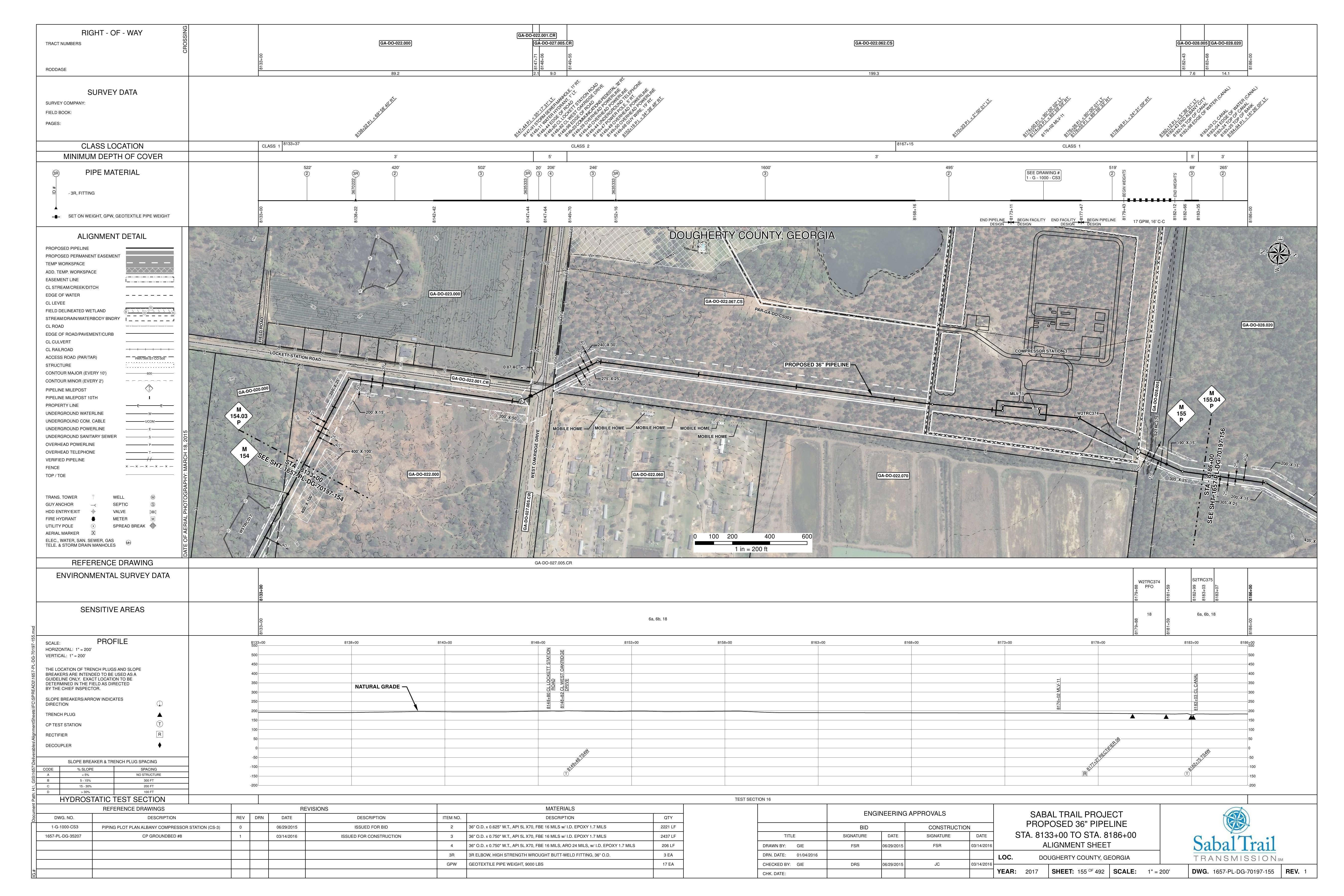 1657-PL-DG-70197-155, STA. 8133+00 TO STA. 8186+00, MP 154.03, MP 155, MP 155.04, PIPING PLOT PLAN ALBANY COMPRESSOR STATION (CS-3), COMPRESSOR STATION 3, BEGIN PIPELINE, END PIPELINE, DOUGHERTY COUNTY, GEORGIA