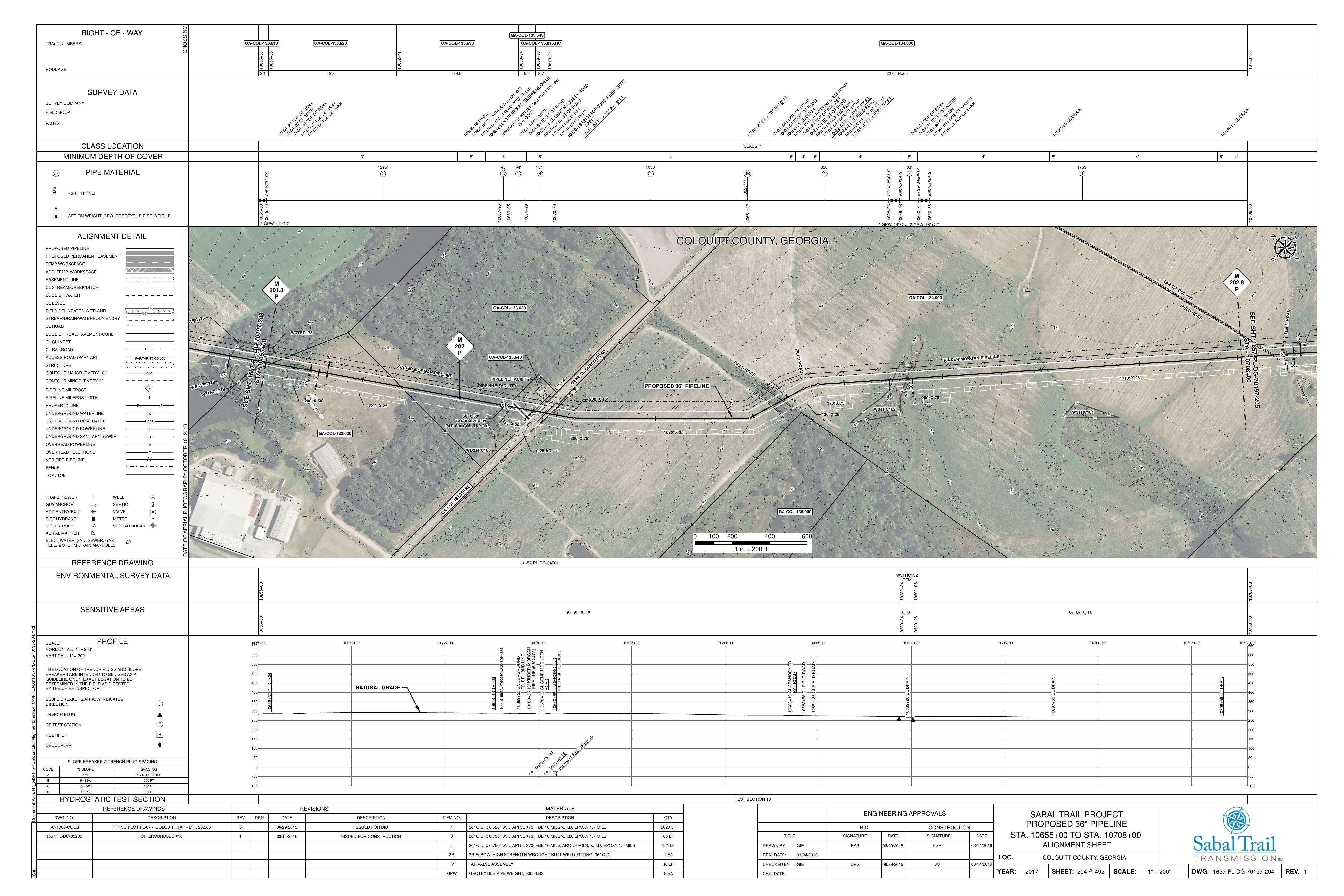 1657-PL-DG-70197-204, STA. 10655+00 TO STA. 10708+00, MP 201.8, MP 202, MP 202.8, PIPELINE (5.6' COV.), PIPELINE FACILITY, Gene McQueen Road, COLQUITT COUNTY, GEORGIA, 31.103339, -83.773510