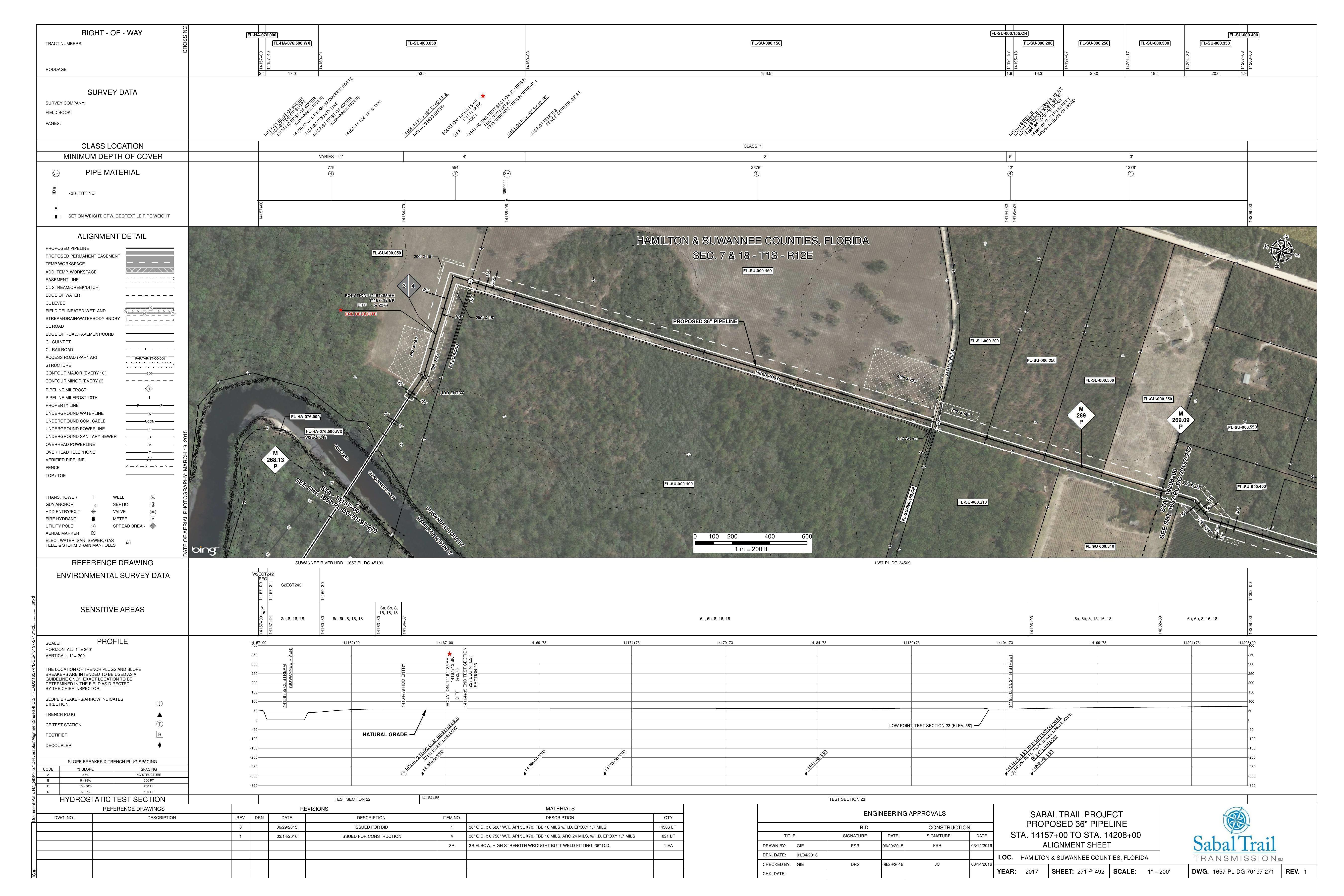 [1657-PL-DG-70197-271, STA. 14157+00 TO STA. 14208+00, MP 268.13, MP 269.09, 14195+05 CL 24TH STREET, (SUWANNEE RIVER), SUWANNEE RIVER HDD - 1657-PL-DG-45109, HAMILTON & SUWANNEE COUNTIES, FLORIDA, 30.406587, -83.154197]