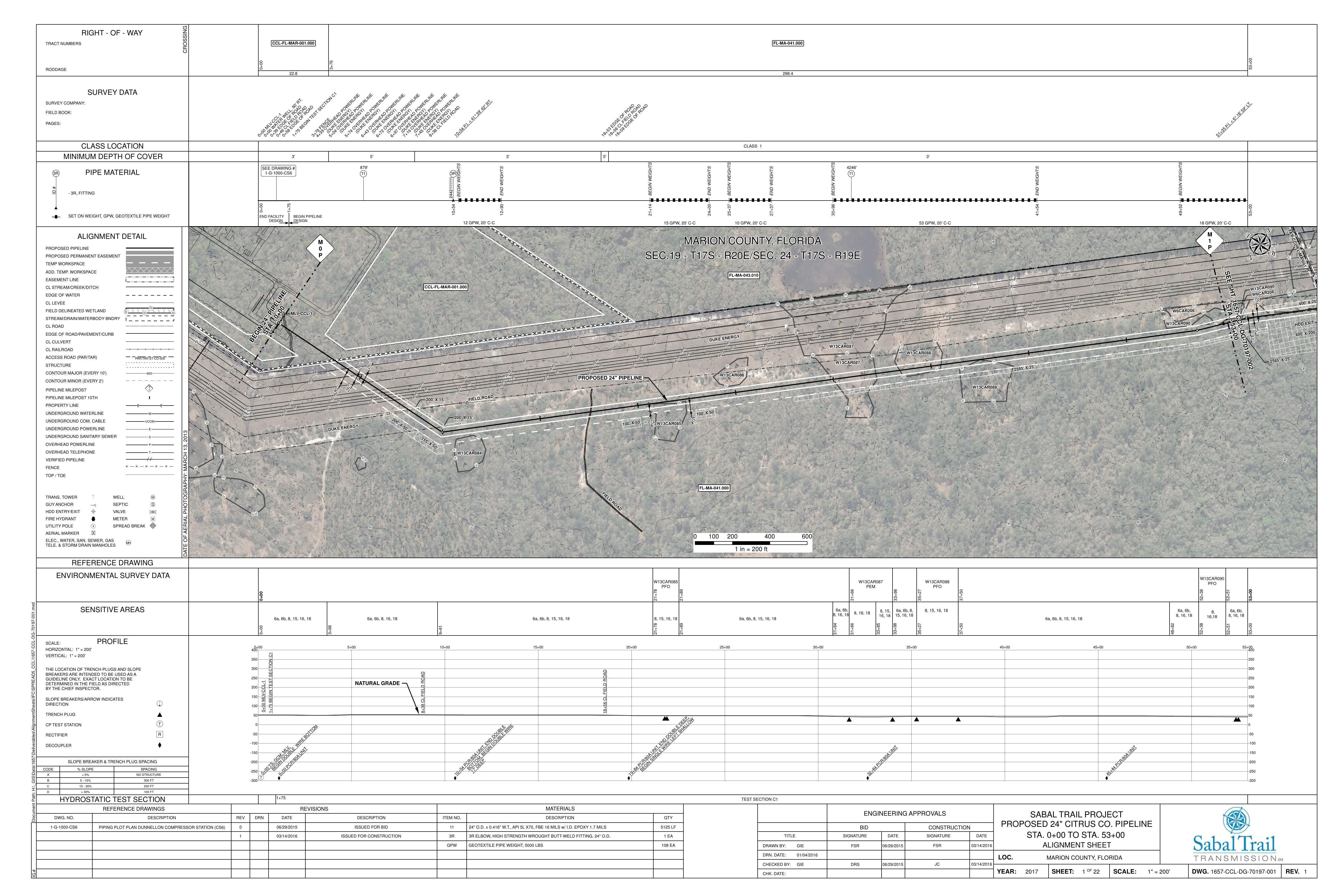 1657-CCL-DG-70197-001, STA. 0+00 TO STA. 53+00, PIPING PLOT PLAN DUNNELLON COMPRESSOR STATION (CS6), BEGIN PIPELINE, Halpata Tastanaki Preserve, Withlacoochee Riverine & Lake System Outstanding Florida Water, PROPOSED 24-inch CITRUS CO. PIPELINE, MARION COUNTY, FLORIDA, 28.998947, -82.348884