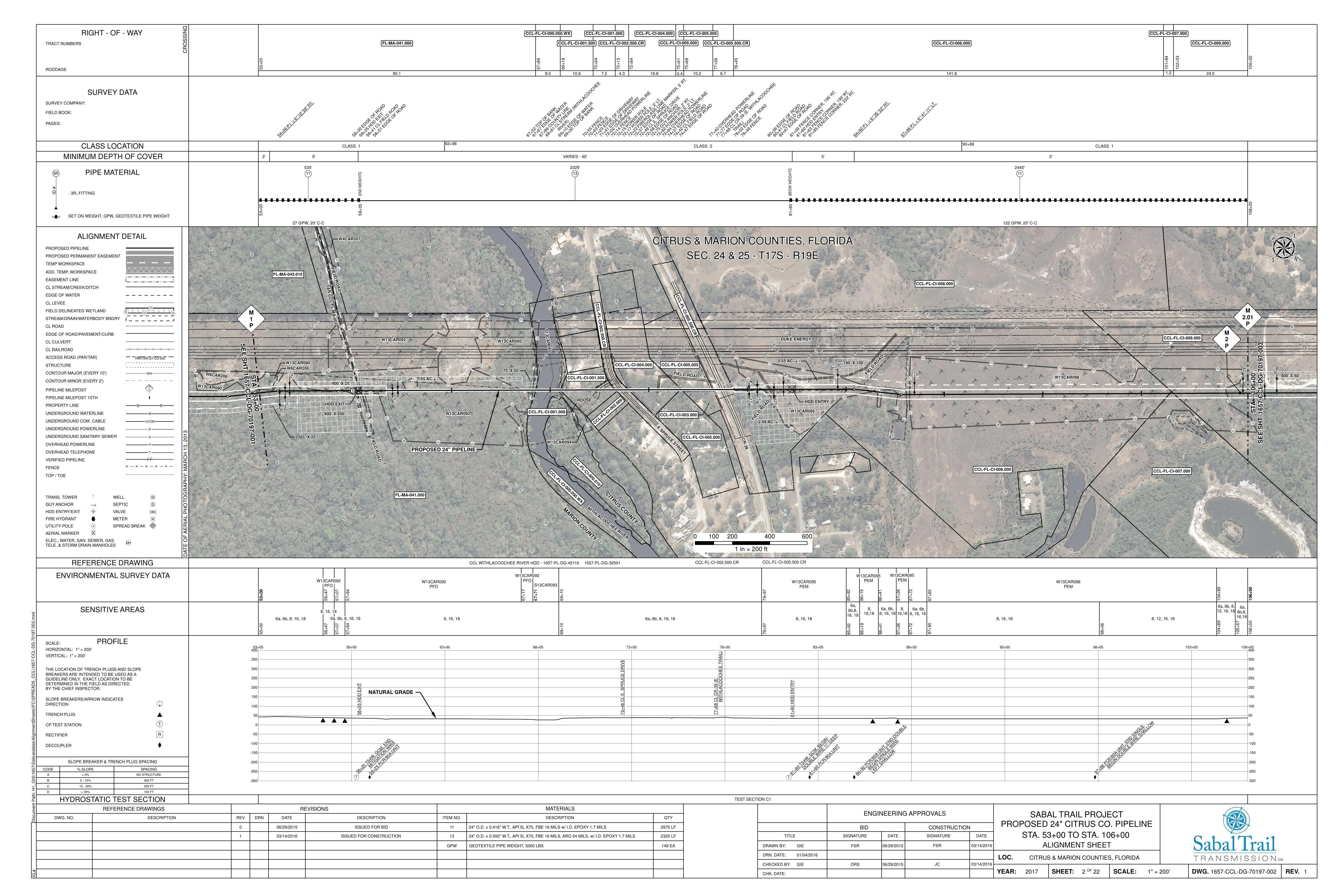 [1657-CCL-DG-70197-002, STA. 53+00 TO STA. 106+00, CCL WITHLACOOCHEE RIVER HDD - 1657-PL-DG-45116, E Withlacoochee Trail, E. Spruce Drive, PROPOSED 24-inch CITRUS CO. PIPELINE, CITRUS & MARION COUNTIES, FLORIDA, 28.99002, -82.36057]