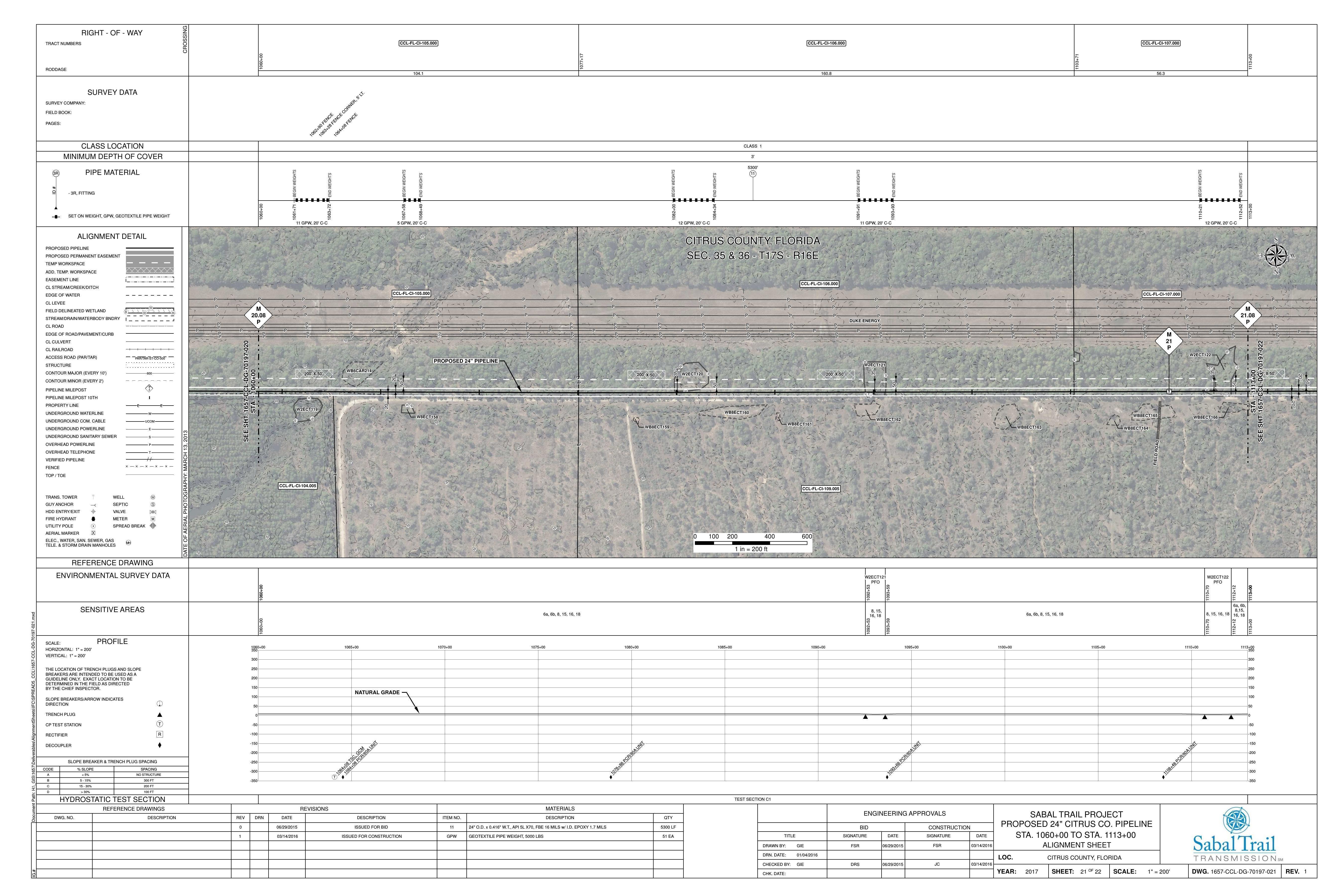 1657-CCL-DG-70197-021, STA. 1060+00 TO STA. 1113+00, PROPOSED 24-inch CITRUS CO. PIPELINE, CITRUS COUNTY, FLORIDA, 28.96177, -82.65684