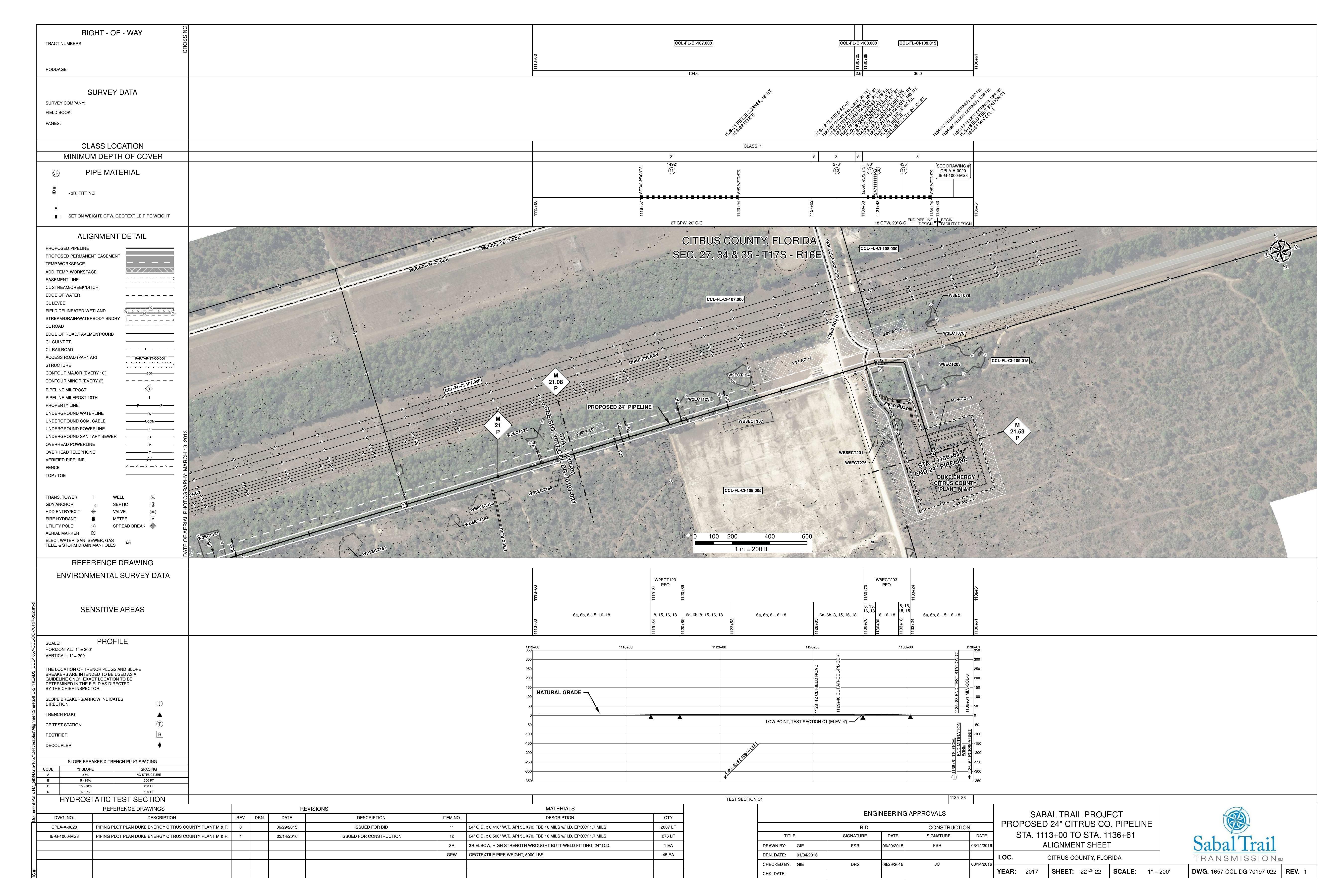 1657-CCL-DG-70197-022, STA. 1113+00 TO STA. 1136+61, END PIPELINE, PLANT M & R, I-10, PIPING PLOT PLAN DUKE ENERGY CITRUS COUNTY PLANT M & R, PROPOSED 24-inch CITRUS CO. PIPELINE, CITRUS COUNTY, CITRUS COUNTY, FLORIDA, 28.963916, -82.669227