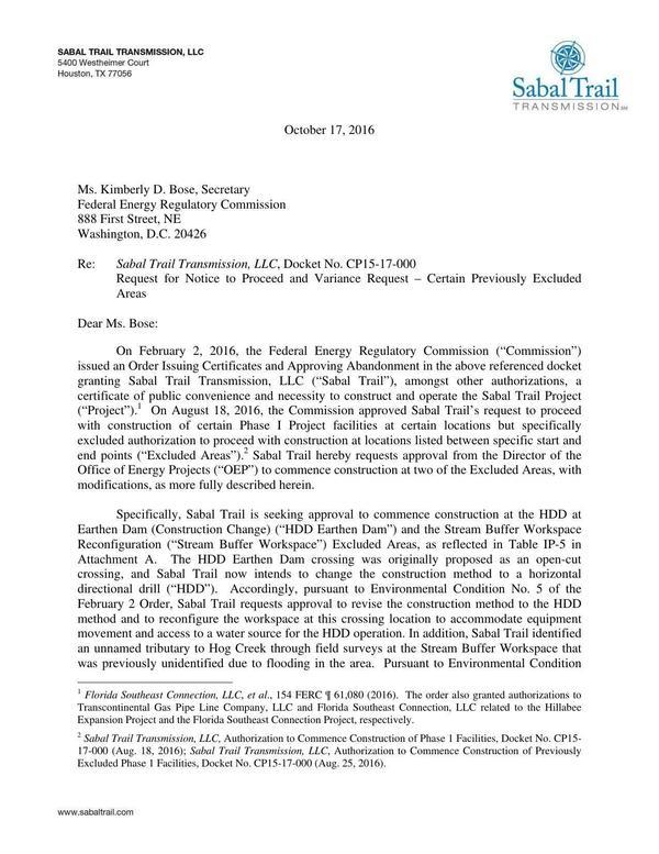 STT variance request to FERC October 17, 2016