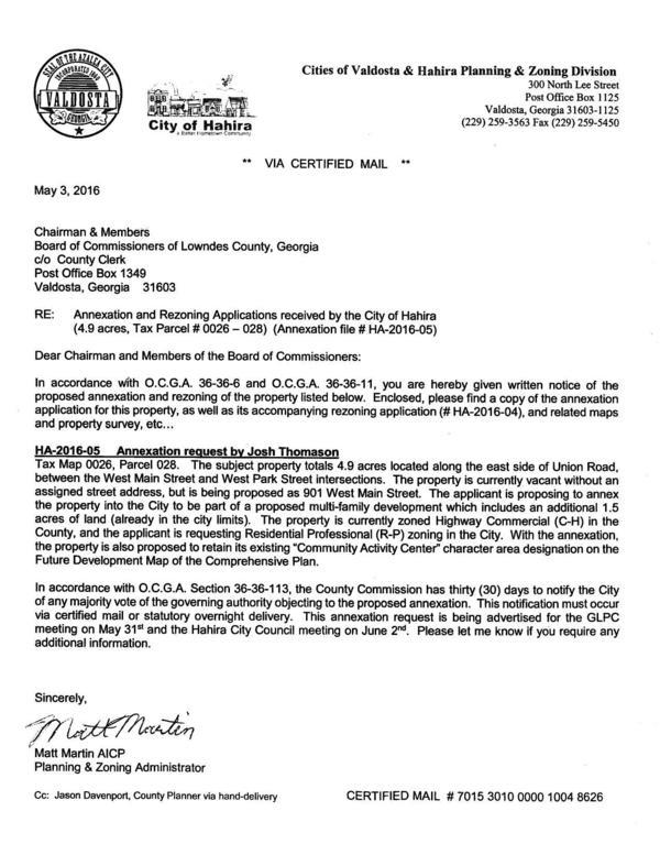 Annexation request to Lowndes County