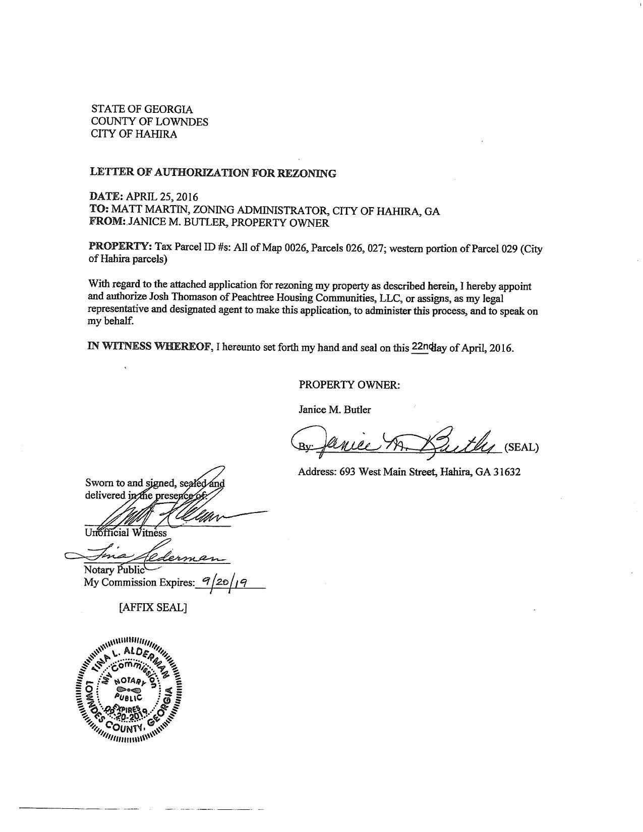 Letter of Authorization by property owner