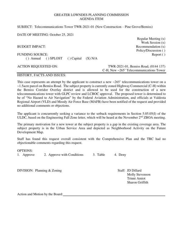 [~1.5 acre, 5010 Bemiss Road, 0144 520, The applicant is concurrently seeking a variance to the setback requirements in ULDC sect. 5.05.05(I)]