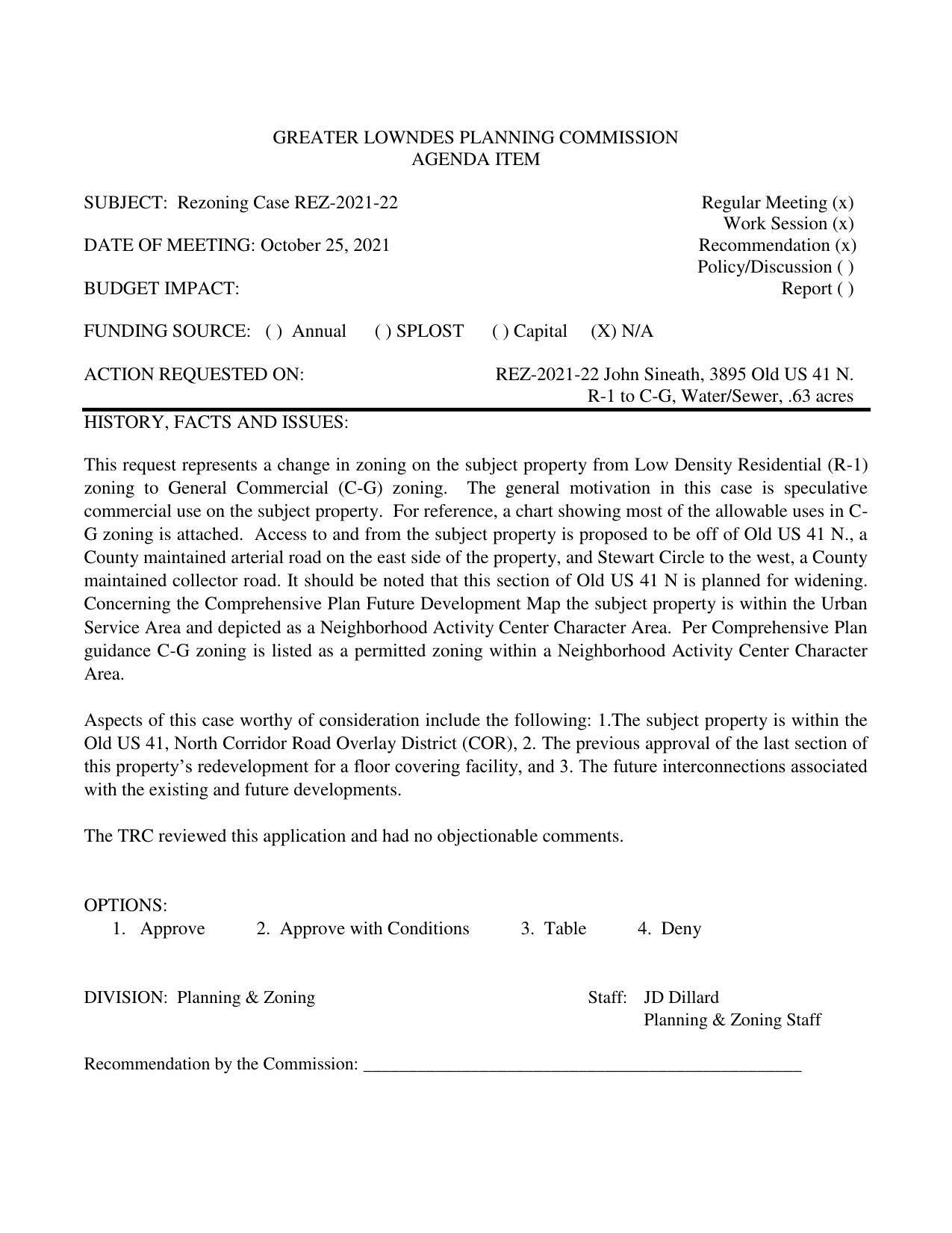 REZ-2021-22 John Sineath, 3895 Old US 41 N., R-1 to C-G, Water/Sewer, .63 acres