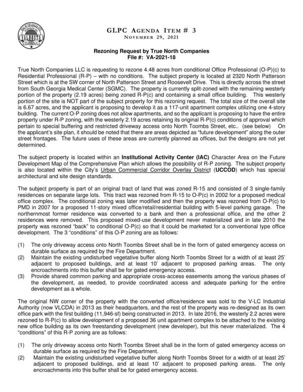 [True North Companies LLC is requesting to rezone 4.48 acres from conditional Office Professional (O-P)(c) to Residential Professional (R-P) – with no conditions.]