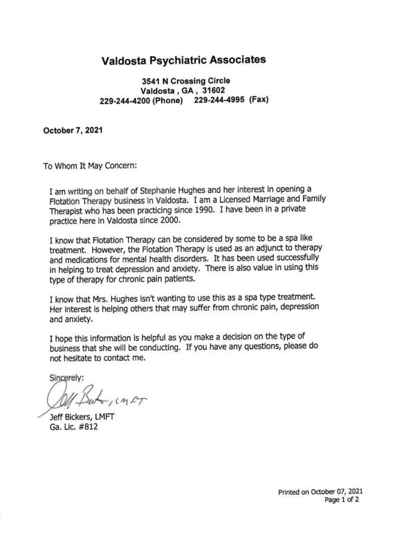 Support letter from Valdosta Psychiatric Associates