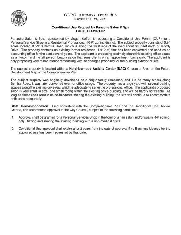 The applicant is proposing to simply share this existing office space as a 1-room and 1-staff person beauty salon that sees clients on an appointment basis only. Staff recommends with conditions.