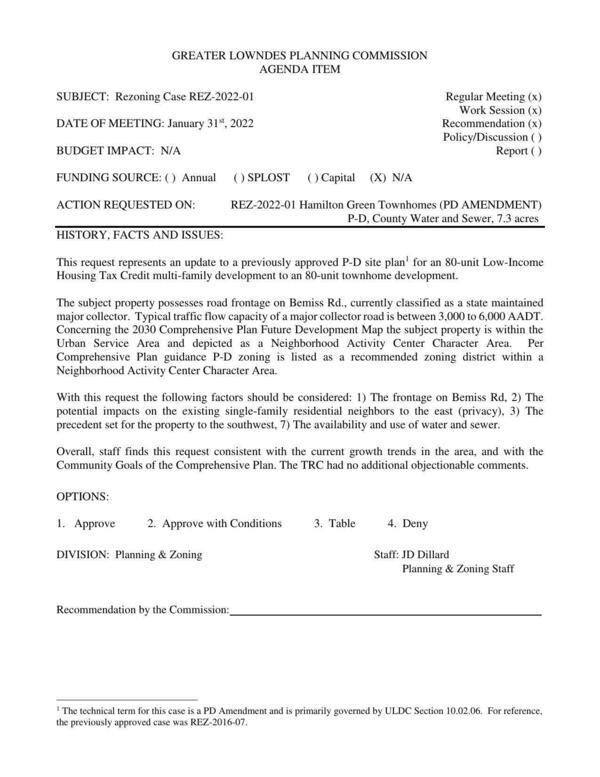 for an 80-unit Low-Income Housing Tax Credit multi-family development to an 80-unit townhome development.