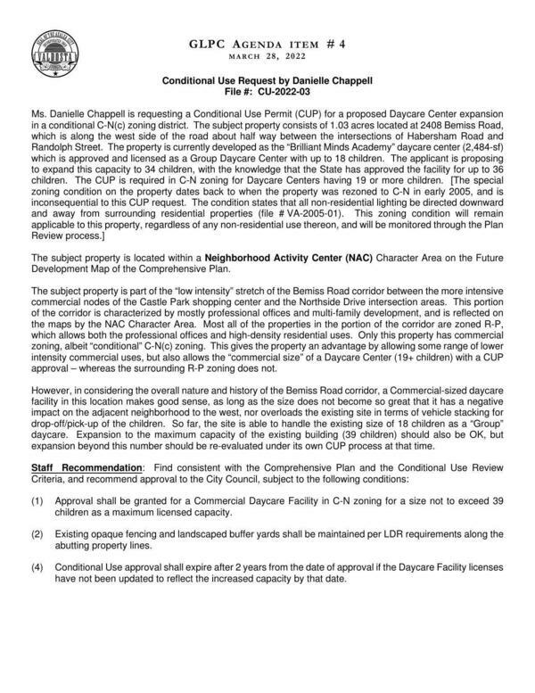 Conditional Use Request (CUP) for a proposed Daycare Center expansion in a conditional C-N(c) zoning district.