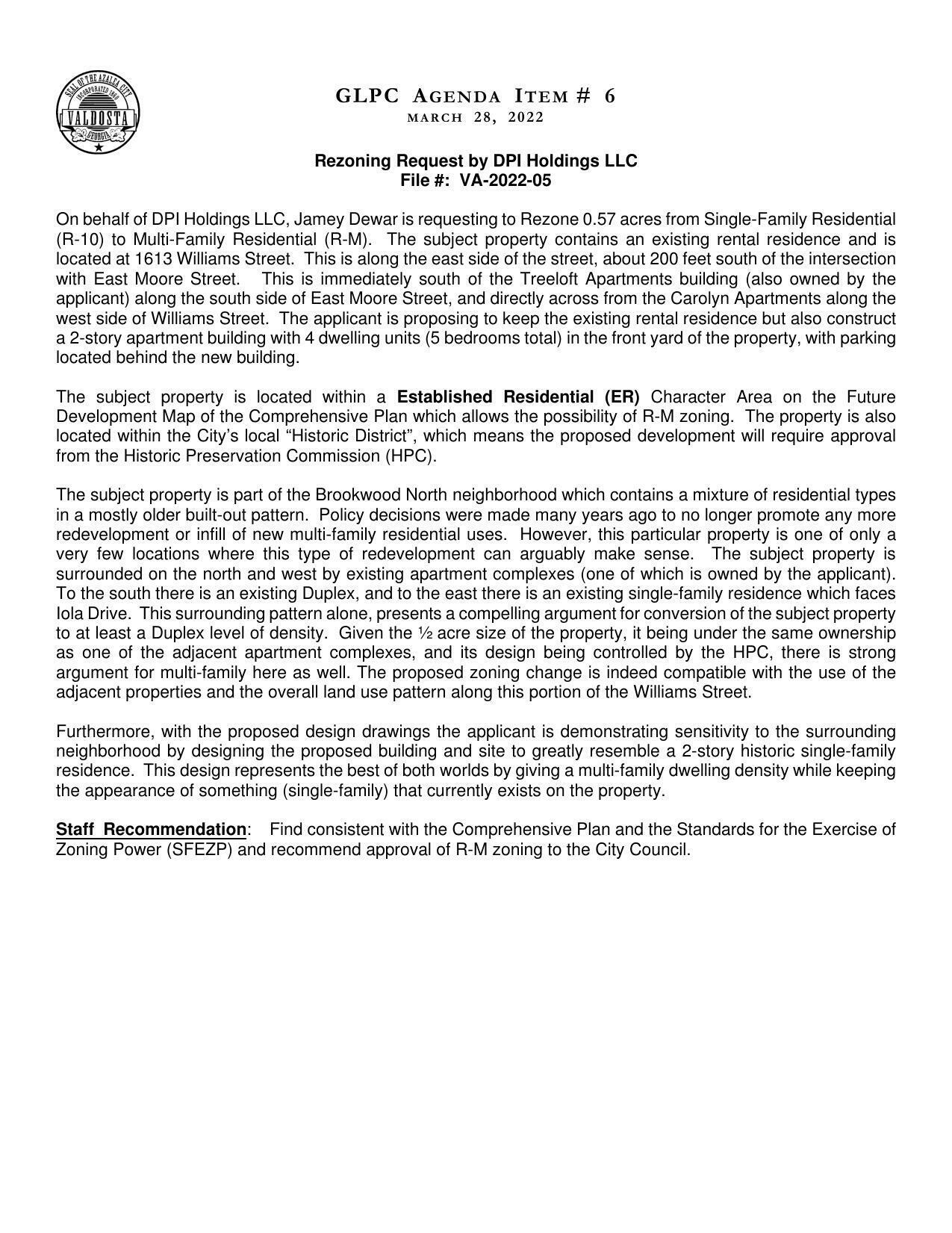 On behalf of DPI Holdings LLC, Jamey Dewar is requesting to Rezone 0.57 acres from Single-Family Residential (R-10) to Multi-Family Residential (R-M).