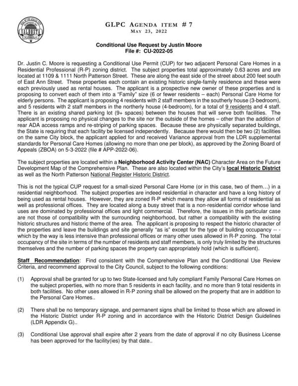 Conditional Use Request for two adjacent Personal Care Homes in a Residential Professional (R-P) zoning district.