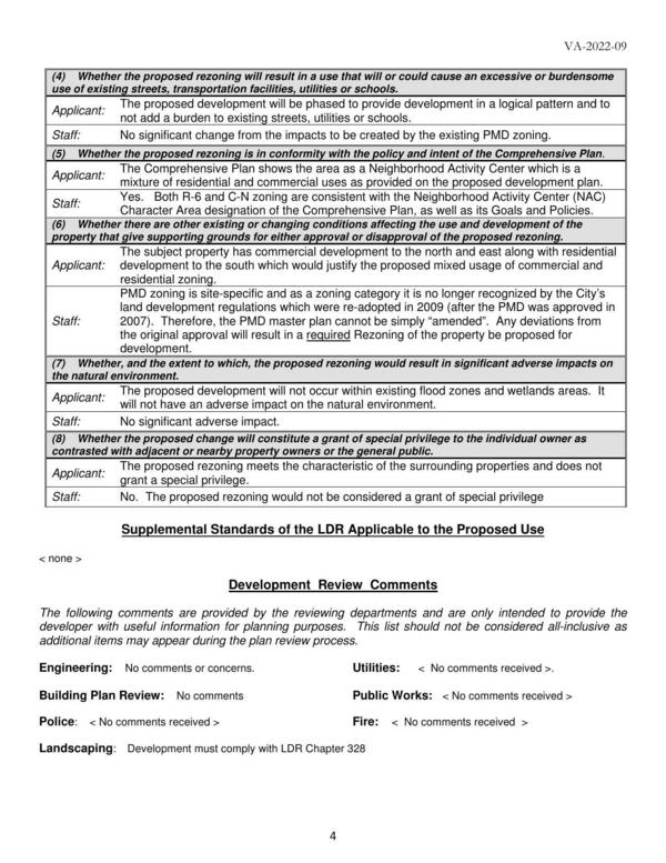 Applicant: The proposed development will be phased to provide development in a logical pattern and to not add a burden to existing streets, utilities or schools.