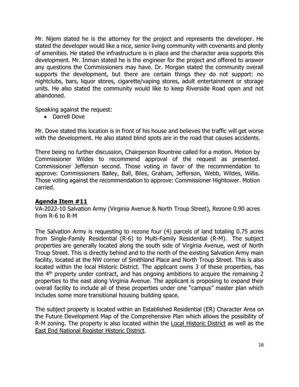 VA-2022-10 Salvation Army, Virginia Ave. & N. Troup Street, unanimous recommendation to approve.