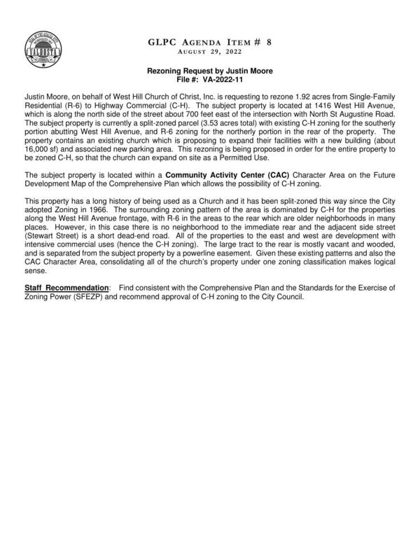 Justin Moore, on behalf of West Hill Church of Christ, Inc. is requesting to rezone 1.92 acres from Single-Family