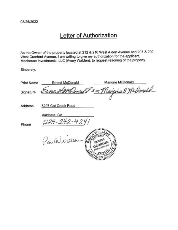 Letter of Authorization, Property Owners Ernest & Marjorie MacDonald