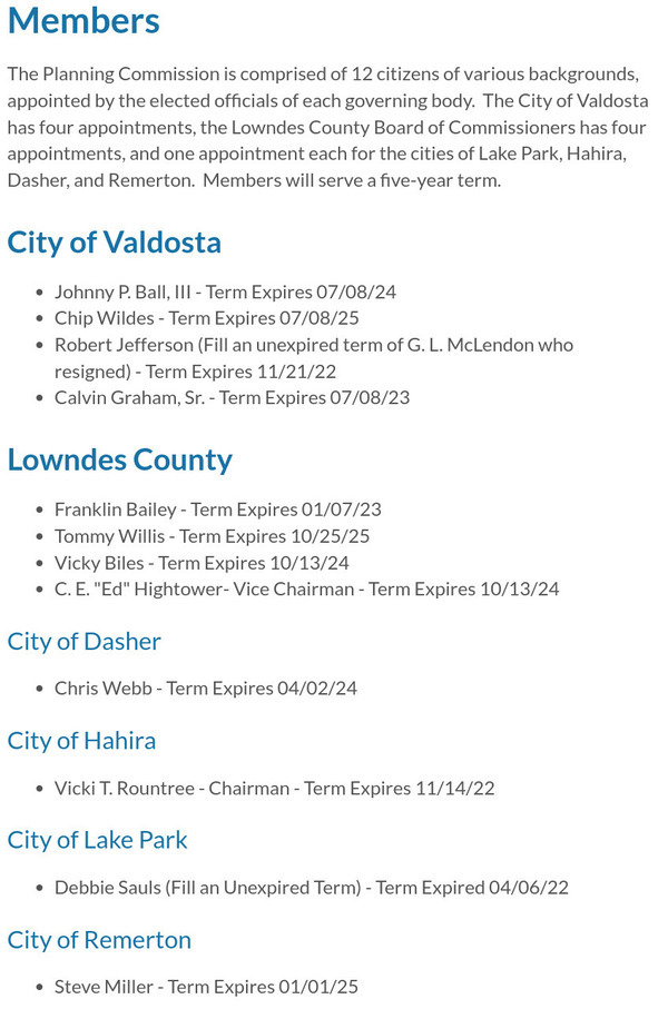 GLPC members according to Valdosta