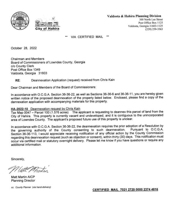 Notice from Hahira to Lowndes County of the proposed deannexation