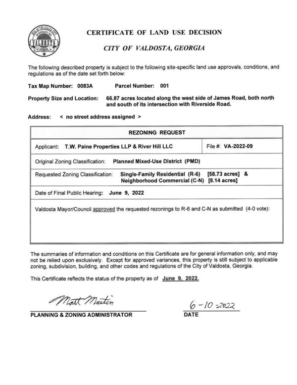 Valdosta approved rezonings Applicant: 1.W. Paine Properties LLP & River Hill LLC File # VA-2022-09