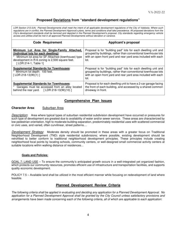 Proposed Deviations from “standard development regulations”